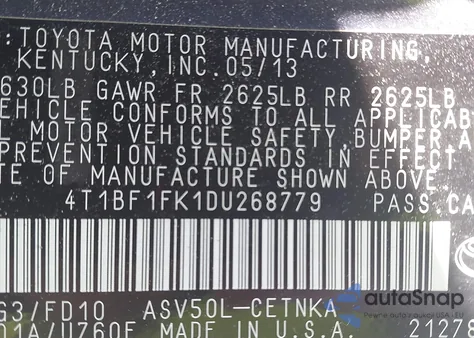 2013 Toyota Camry Le из США, поврежденный, VIN 4T1BF1FK1DU268779